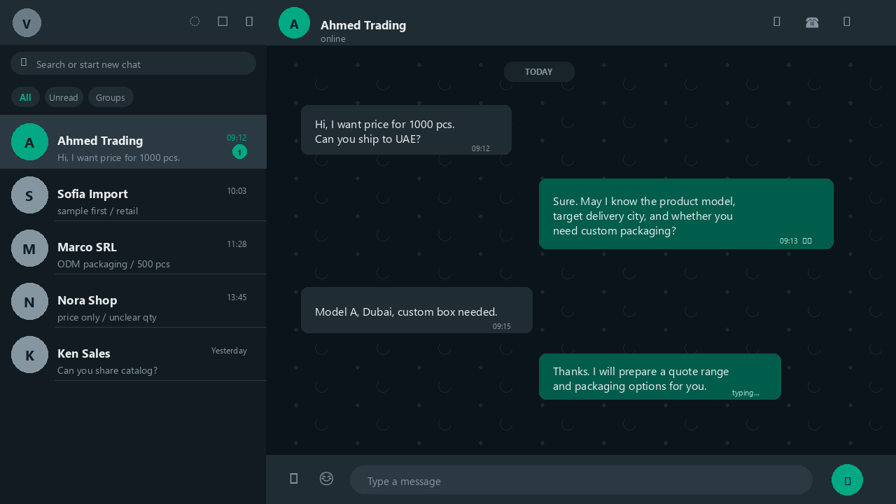 WhatsApp 外贸询盘对话界面示意